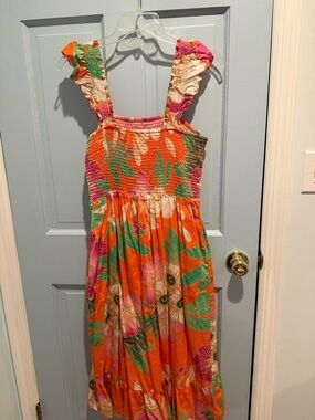 Girls' Orange Floral Smocked Sundress with Ruffle Straps